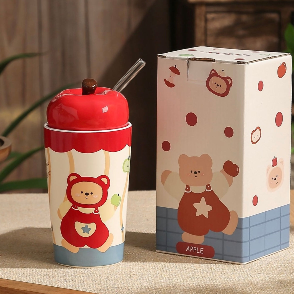 Apple Bear Ceramic Tumbler with Lid & Straw