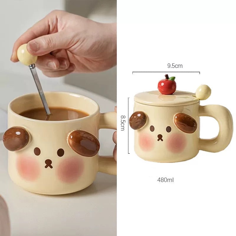 Mug en céramique avec couvercle et cuillère motif animal de dessin animé