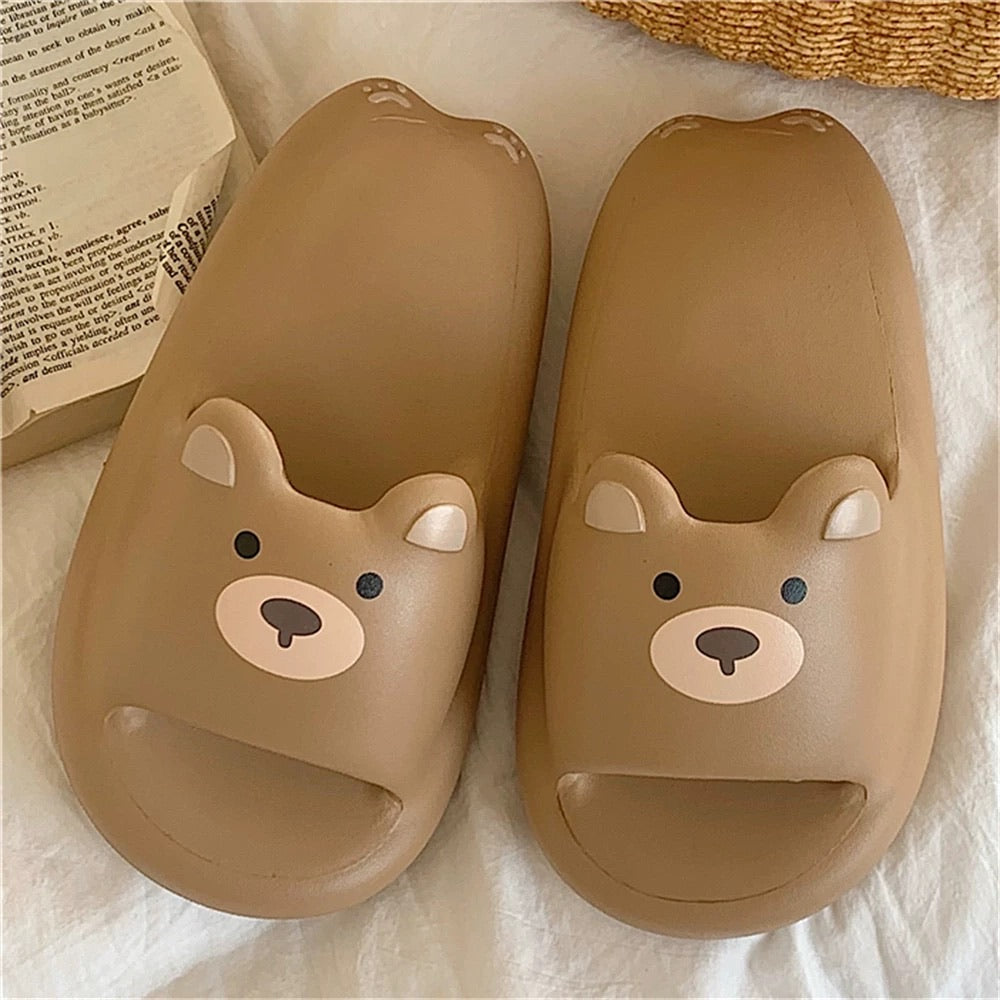 Cream Yellow Kitten & Brown Bear Squishy Platform Slippers