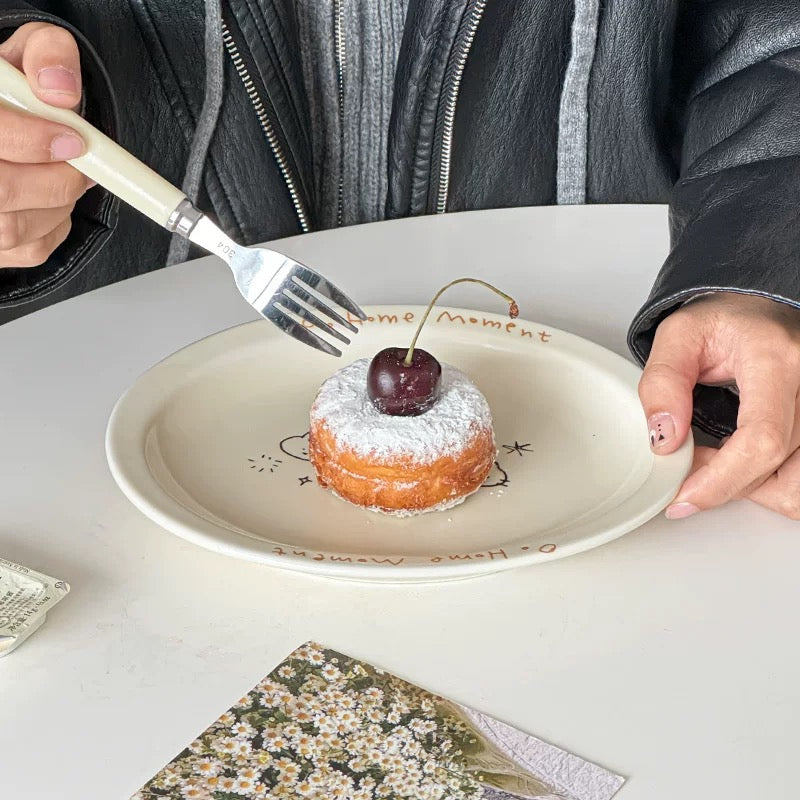 Cream Line Cat Bear Bunny Doodle Ceramic Plate