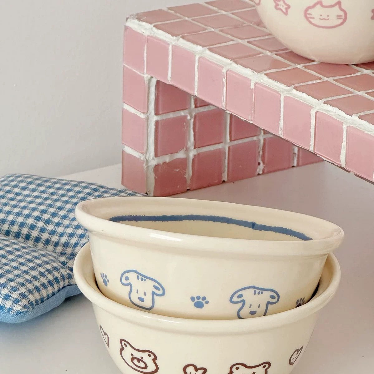 Cat, Dog & Bear Line Art Ceramic Bowl Series