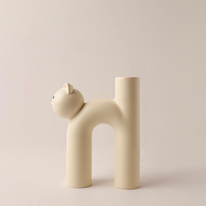 Matte Beige Tube-Shaped Cat Vase