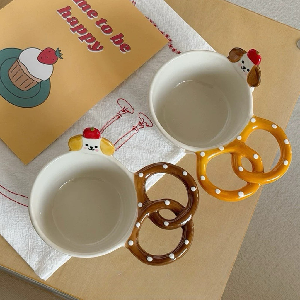 Dog & Pretzel Handle Ceramic Bowl