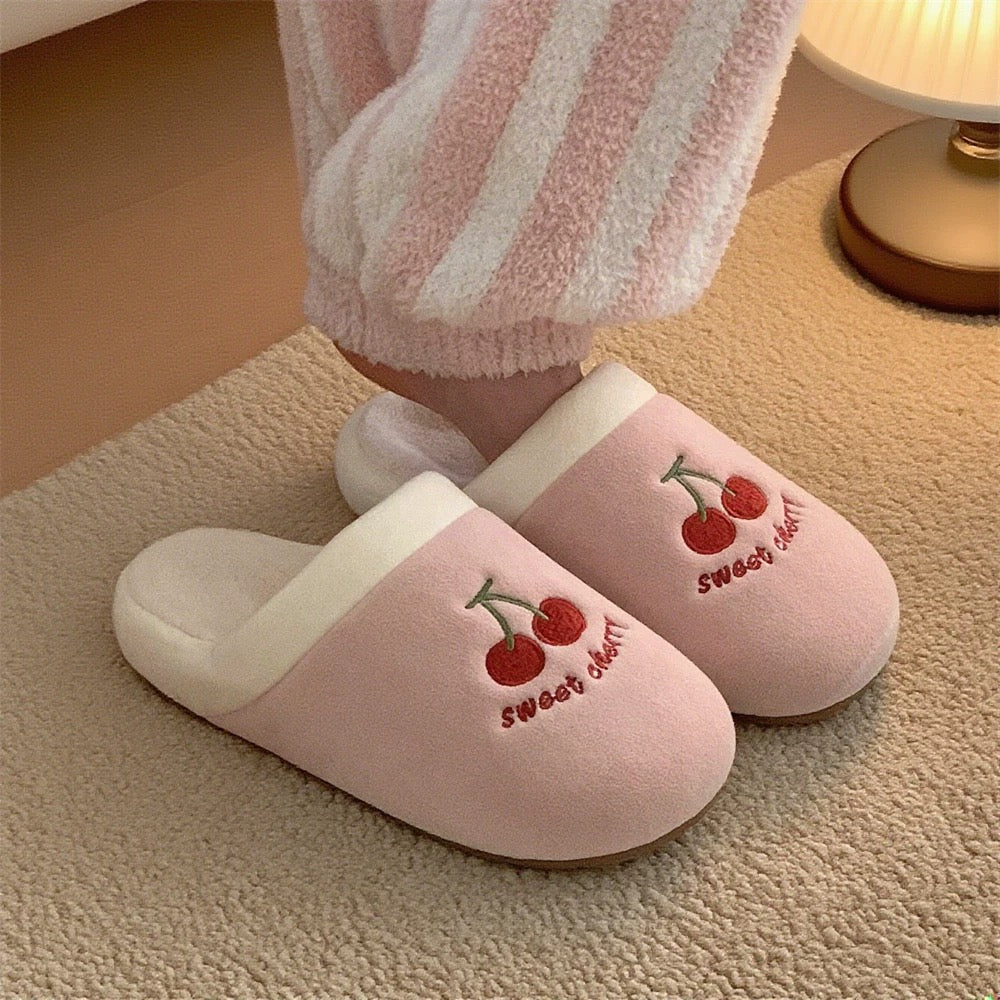Sweet Cherry & Puppy Couple Plush Slippers