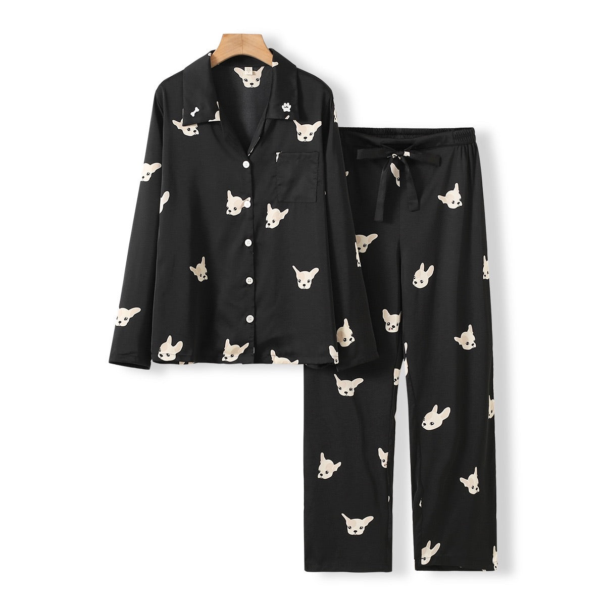 Lucky French Bulldog Print Silk Pajama Set