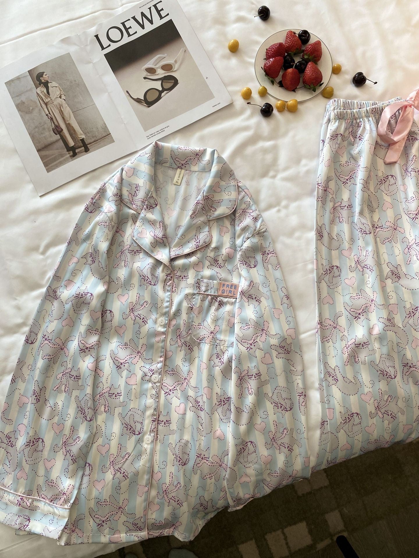 Dopamine Striped Cat Silk Pajama Set