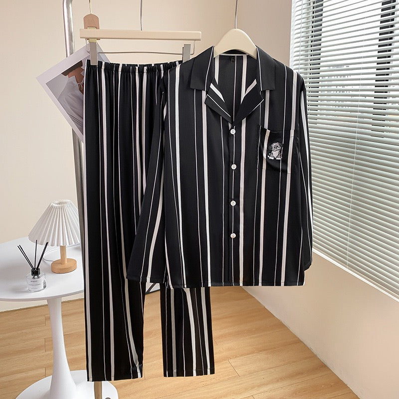 Striped Cat & Dog Couple Silk Long Sleeve Pajama Set
