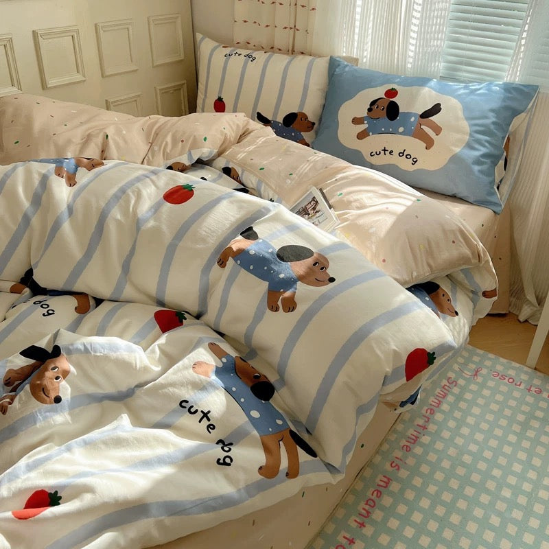 Dachshund & Tomato Striped Cotton 4-Piece Bedding Set