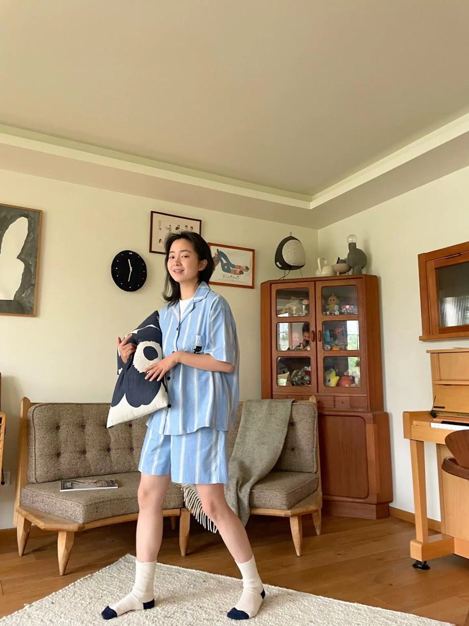 Blue and White Striped Silk Couple's Pajama Set with Cat Embroidery