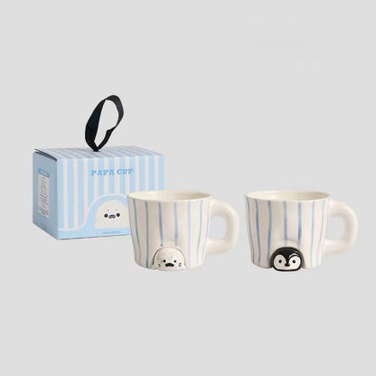 Hand-painted Blue Stripe Seal & Penguin Ceramic Mug