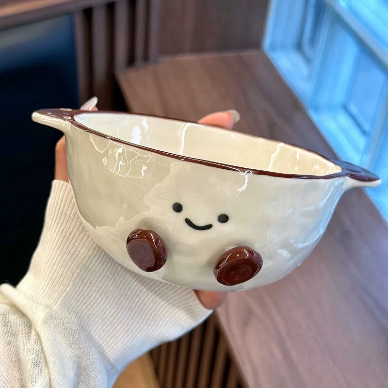 Smiley Bean Ceramic Double-Handle Bowl