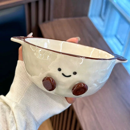 Smiley Bean Ceramic Double-Handle Bowl