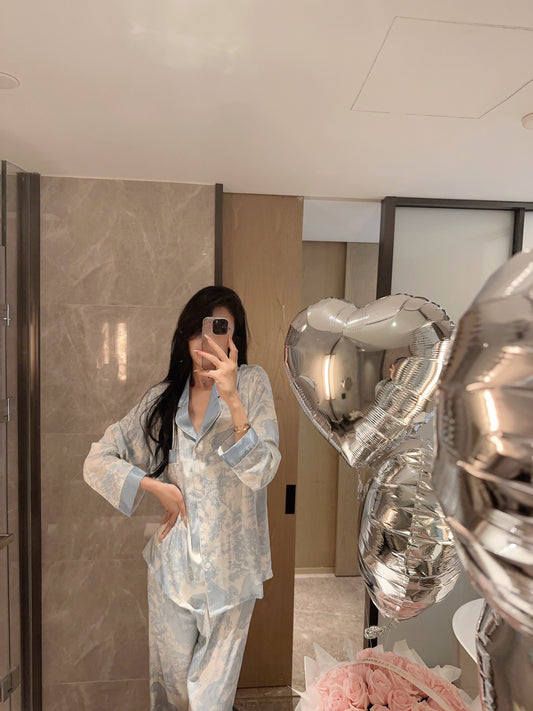 Ink Blue Silk Long-Sleeve Pajama Set
