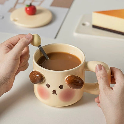 Cartoon Animal Ceramic Mug with Lid & Spoon