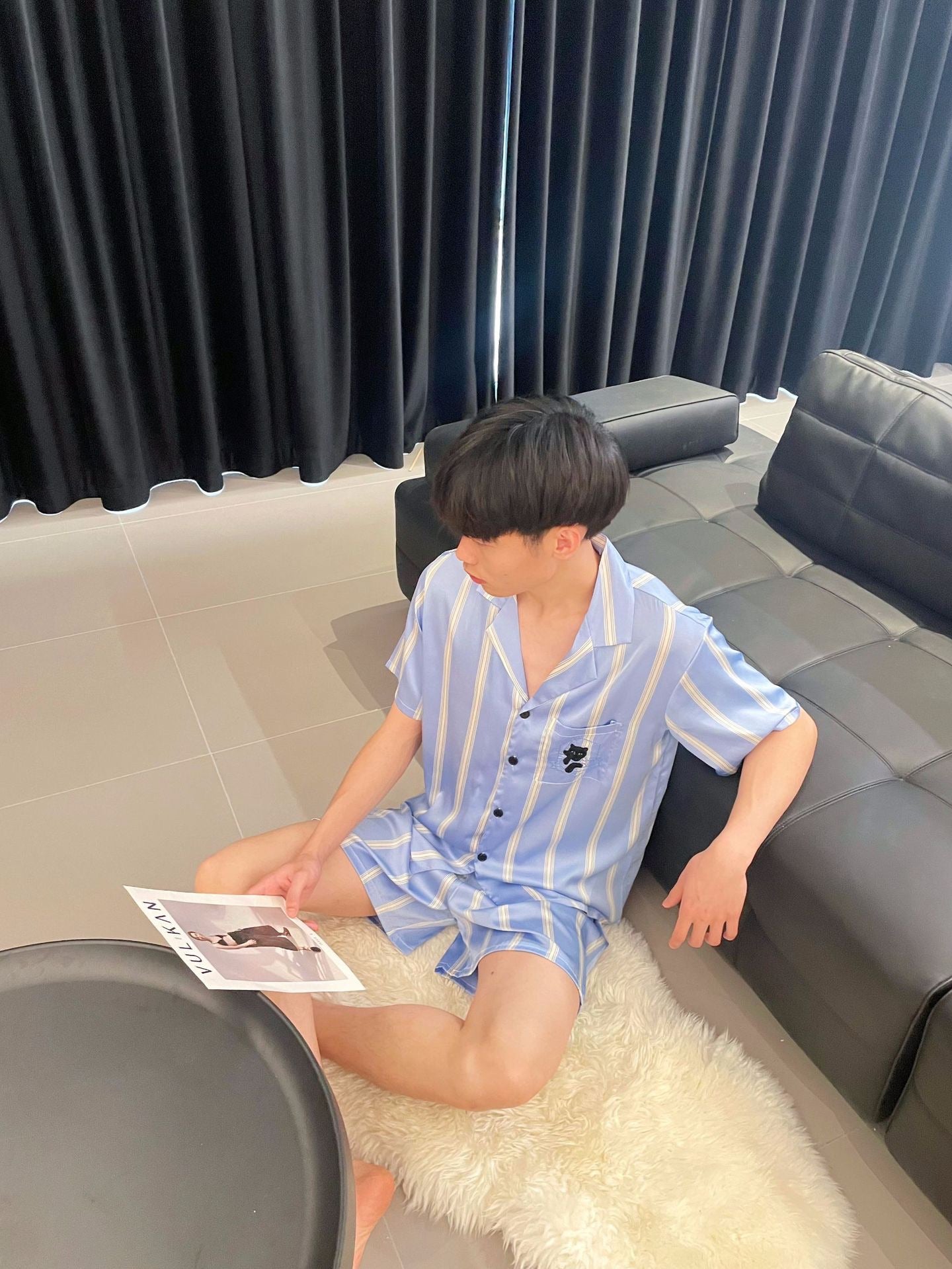 Blue and White Striped Silk Couple's Pajama Set with Cat Embroidery