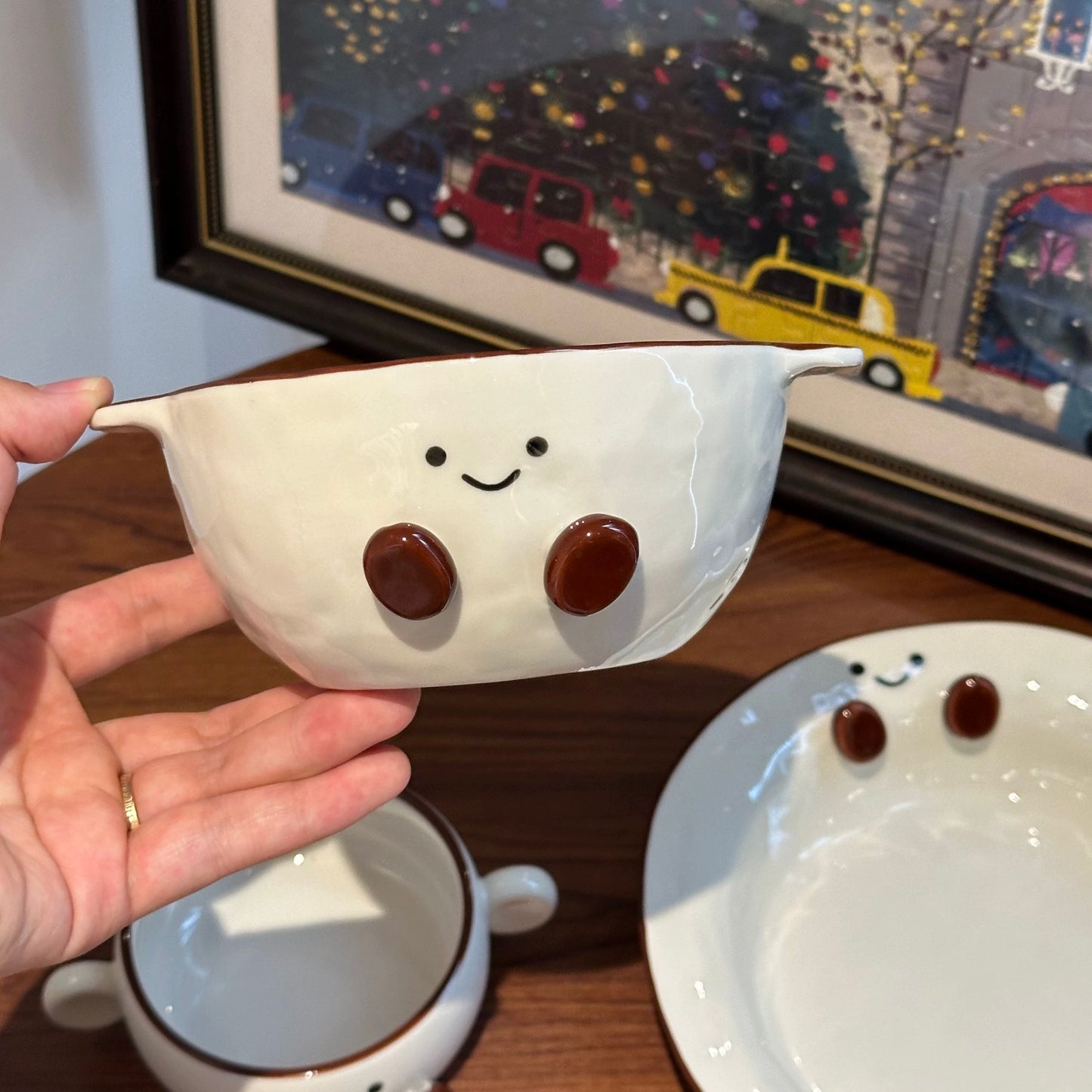 Smiley Bean Ceramic Double-Handle Bowl