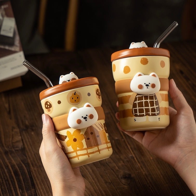 Cute Westie Ceramic Tumbler with Lid & Straw
