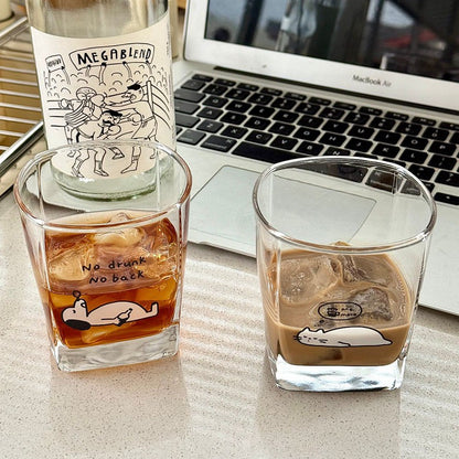 Lazy Cat & Dog Square Glass Cup