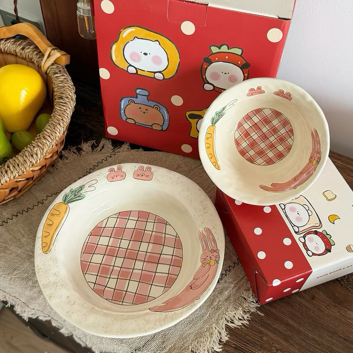 Cartoon Animal & Cookie Ceramic Bowl and Plate Set