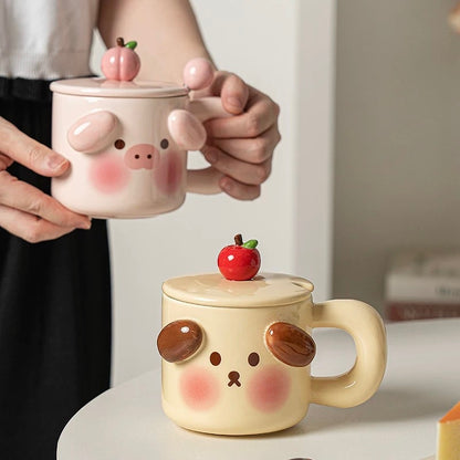 Cartoon Animal Ceramic Mug with Lid & Spoon