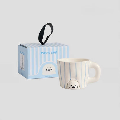 Hand-painted Blue Stripe Seal & Penguin Ceramic Mug