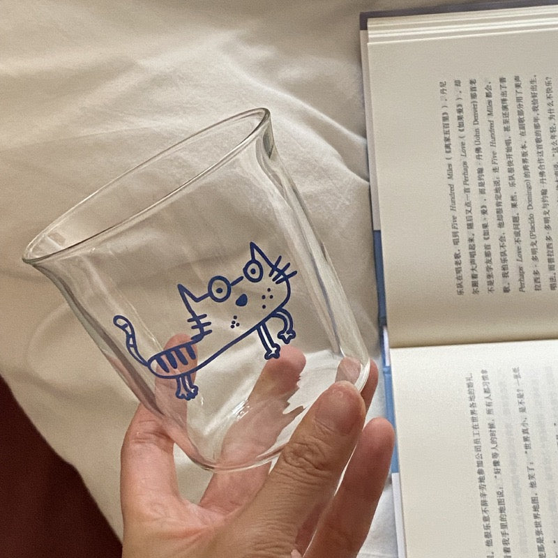 Blue Doodle Cat Glass Cup