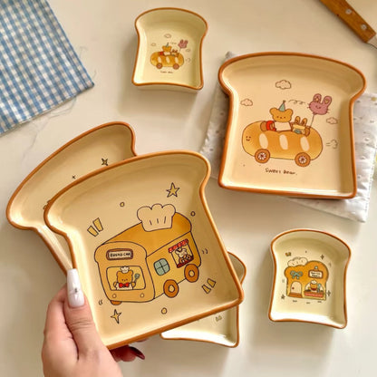 Bear Bakery Toast-Shaped Ceramic Plate Set