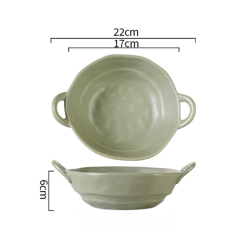 Matte Handcrafted Double-Handle Ceramic Bowl (Large Capacity）