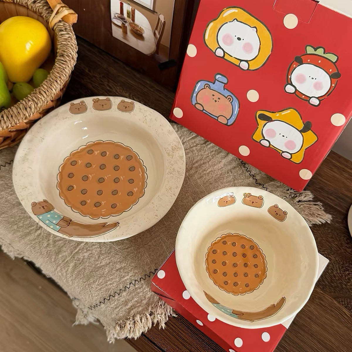 Cartoon Animal & Cookie Ceramic Bowl and Plate Set