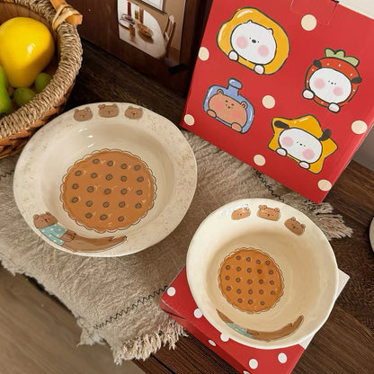 Cartoon Animal & Cookie Ceramic Bowl and Plate Set