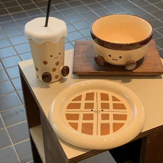 Cute Smiley Waffle Ceramic Plate