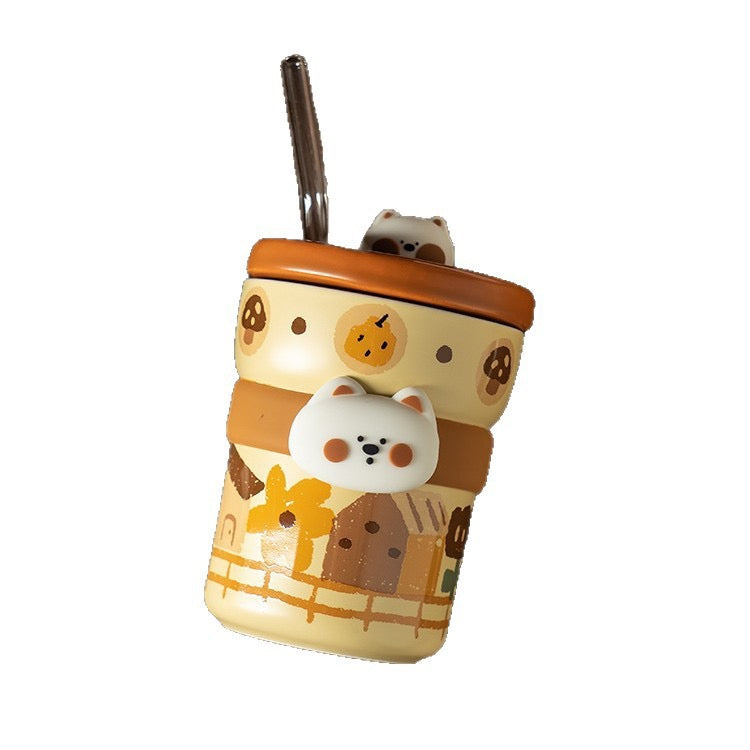 Cute Westie Ceramic Tumbler with Lid & Straw