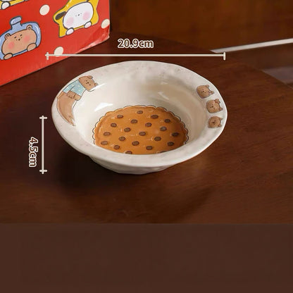 Cartoon Animal & Cookie Ceramic Bowl and Plate Set