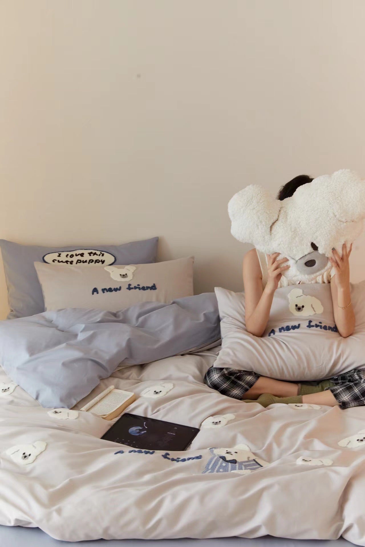 Cute Bear Embroidered Brushed Cotton 4-Piece Bedding Set