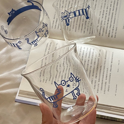 Blue Doodle Cat Glass Cup