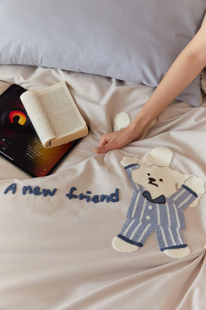 Cute Bear Embroidered Brushed Cotton 4-Piece Bedding Set