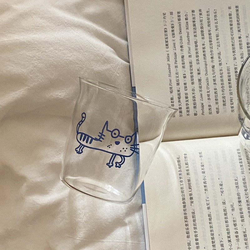 Blue Doodle Cat Glass Cup
