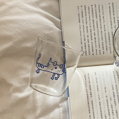 Blue Doodle Cat Glass Cup