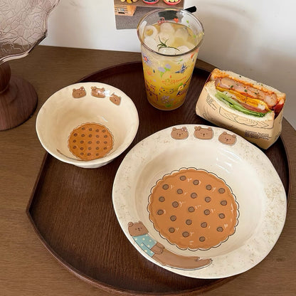 Cartoon Animal & Cookie Ceramic Bowl and Plate Set