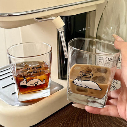 Lazy Cat & Dog Square Glass Cup