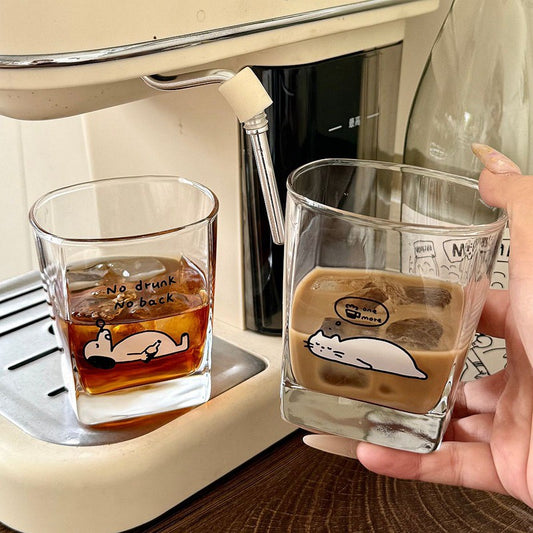Lazy Cat & Dog Square Glass Cup