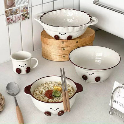 Smiley Bean Ceramic Double-Handle Bowl