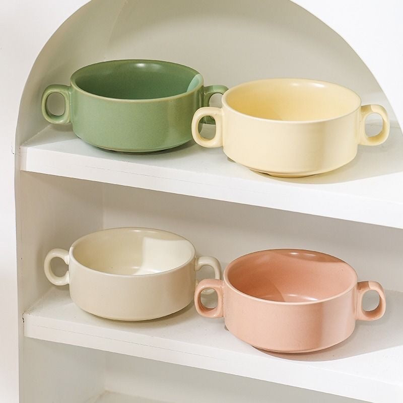 Cream-Colored Dual-Handle Ceramic Bowl