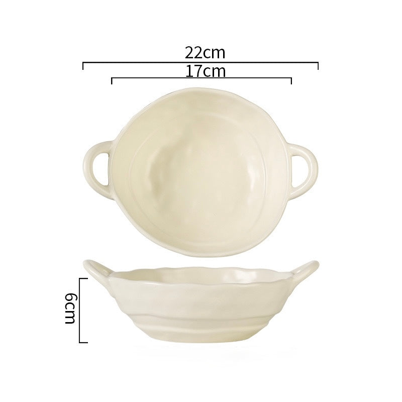 Matte Handcrafted Double-Handle Ceramic Bowl (Large Capacity）
