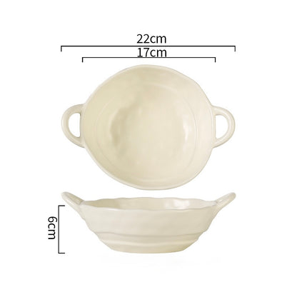 Matte Handcrafted Double-Handle Ceramic Bowl (Large Capacity）