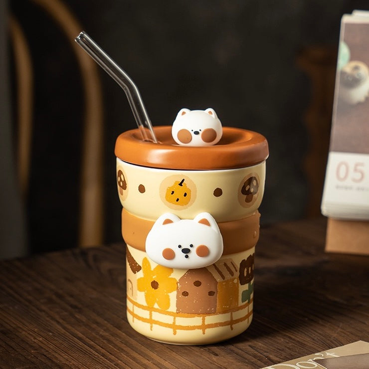 Cute Westie Ceramic Tumbler with Lid & Straw