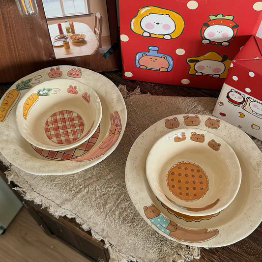 Cartoon Animal & Cookie Ceramic Bowl and Plate Set