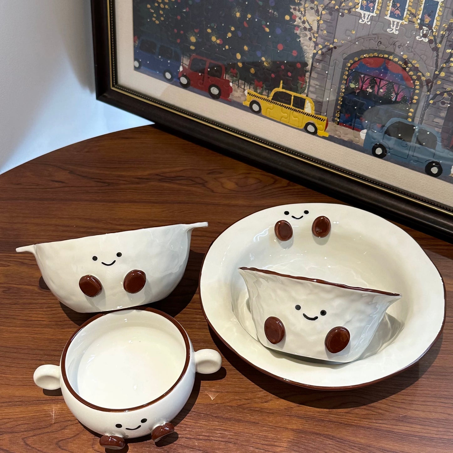 Smiley Bean Ceramic Double-Handle Bowl