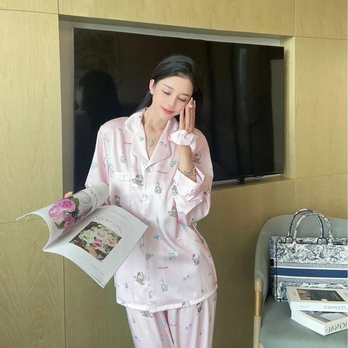 Hello Kitty Pink Rhinestone Long-Sleeve Silk Pajama Set