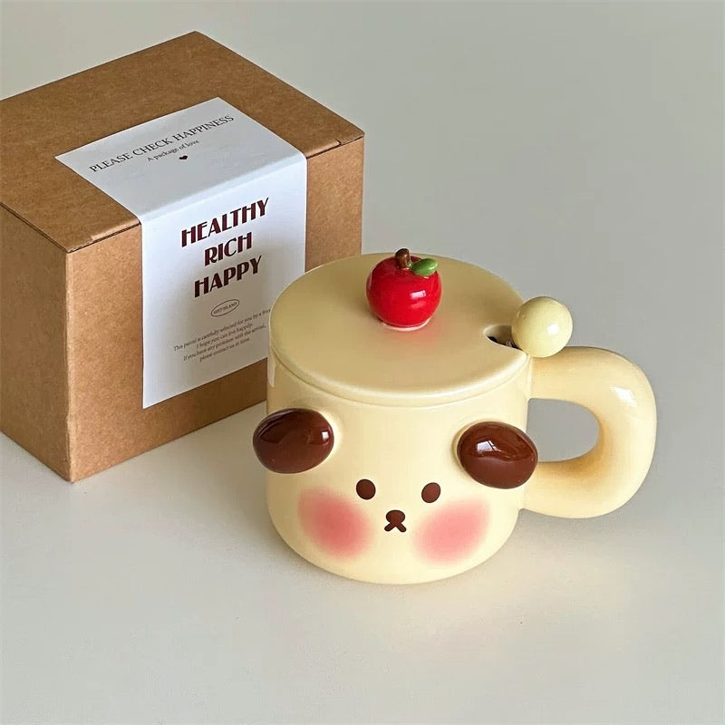 Cartoon Animal Ceramic Mug with Lid & Spoon